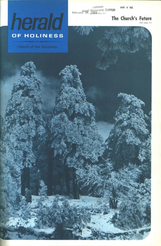 Snow covered trees--the cover of Herald of Holiness - February 28, 1968.