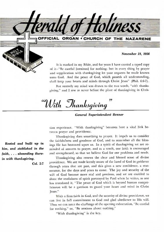 Title Page of Herald of Holiness - November 21, 1956