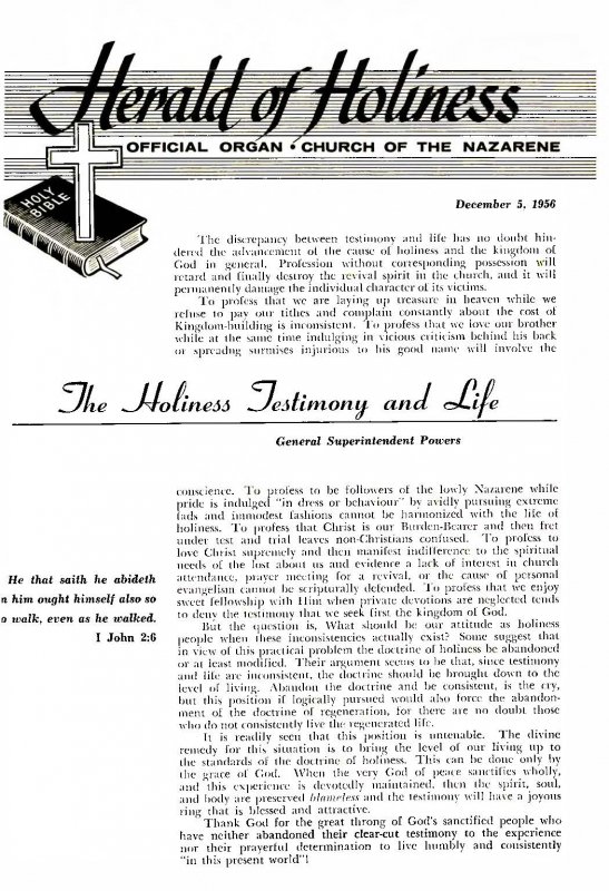 Title Page of Herald of Holiness - December 5, 1956
