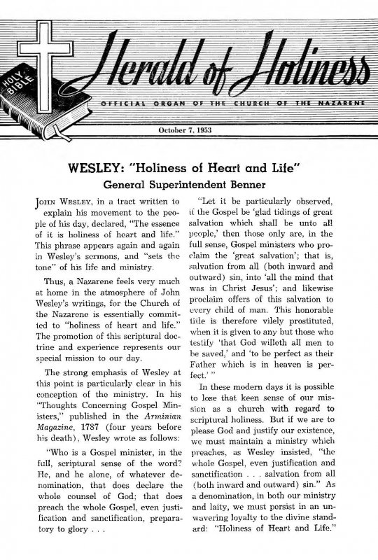 Title Page of Herald of Holiness - October 7, 1953