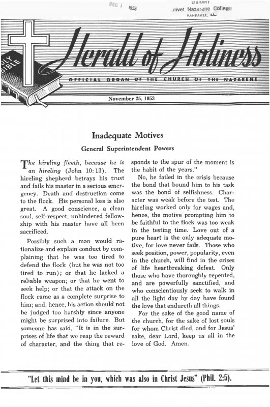 Title Page of Herald of Holiness - November 25, 1953