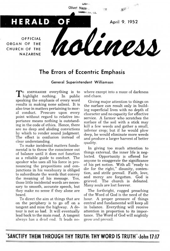 Title Page of Herald of Holiness - April 9, 1952