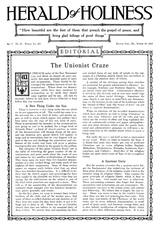 Title Page of Herald of Holiness - March 26, 1919