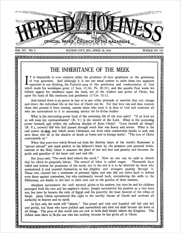 Front page of Herald of Holiness - April 28, 1926