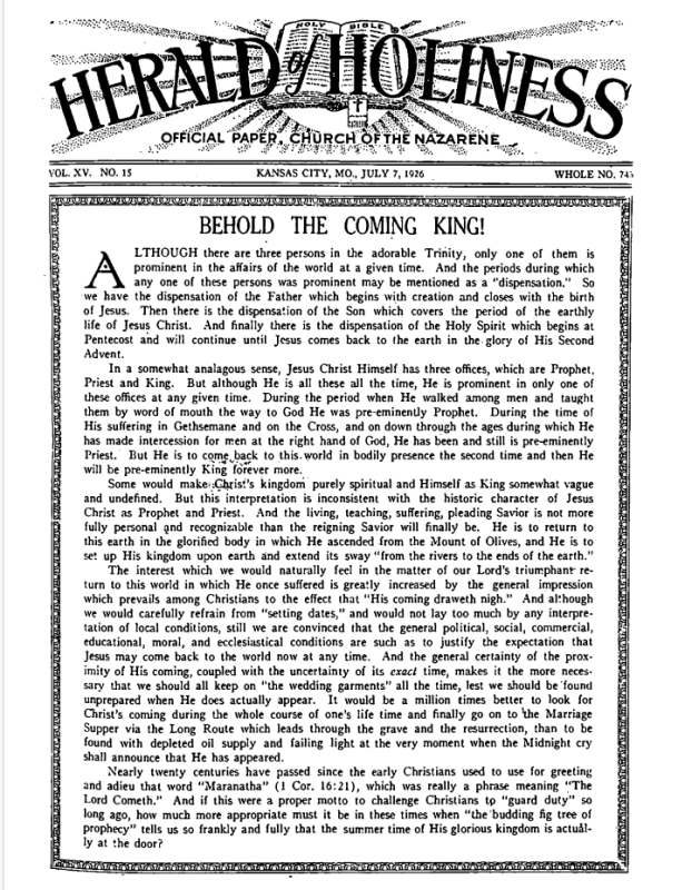 Front page of Herald of Holiness - July 7, 1926