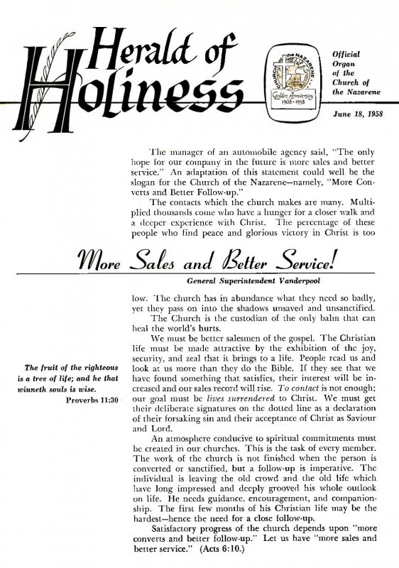 Herald of Holiness - June 18, 1958