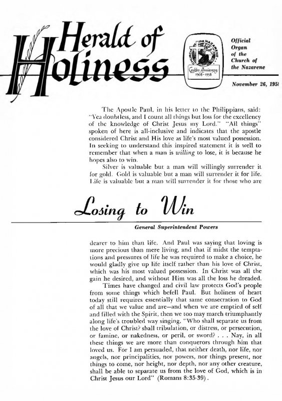 Herald of Holiness - November 26, 1958